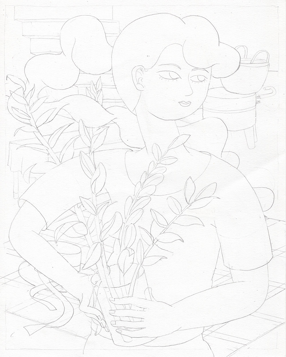 [17dhj079] 금전화를 든 여인_2017_Pencil on paper_26×21(cm).jpg